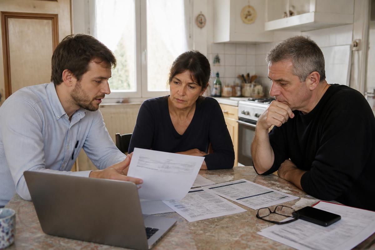 Un conseiller examine les factures d'électricité avec les propriétaires, à leur table de cuisine