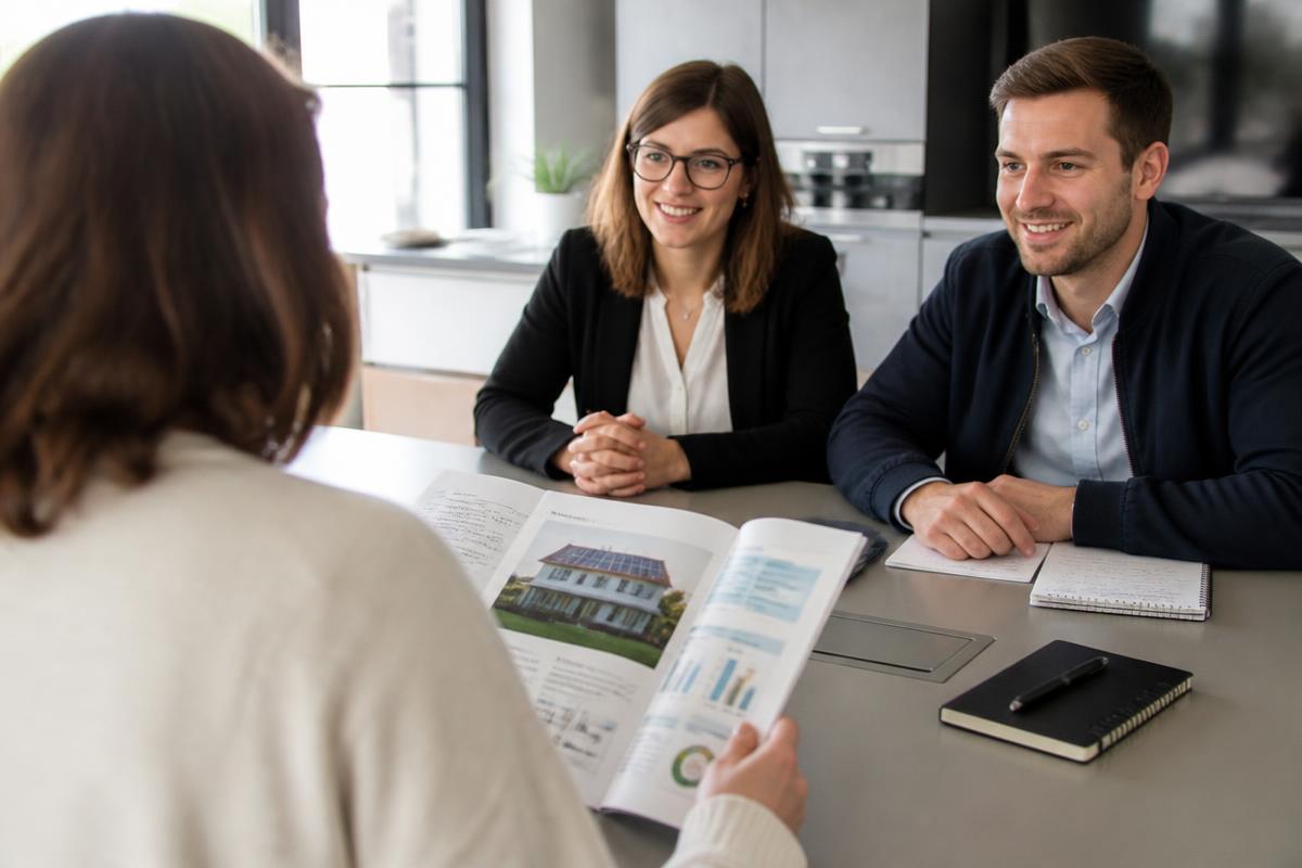 Un conseiller présente l'étude solaire chiffrée à un couple de propriétaires