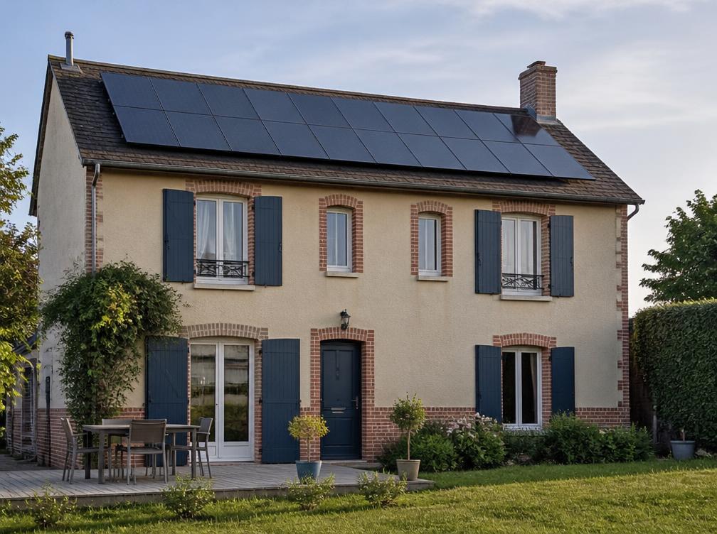 Maison familiale avec panneaux solaires sur le pan sud
