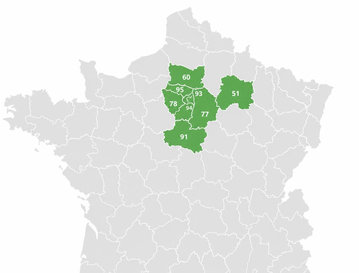 Carte des principaux départements couverts autour de l'Île-de-France